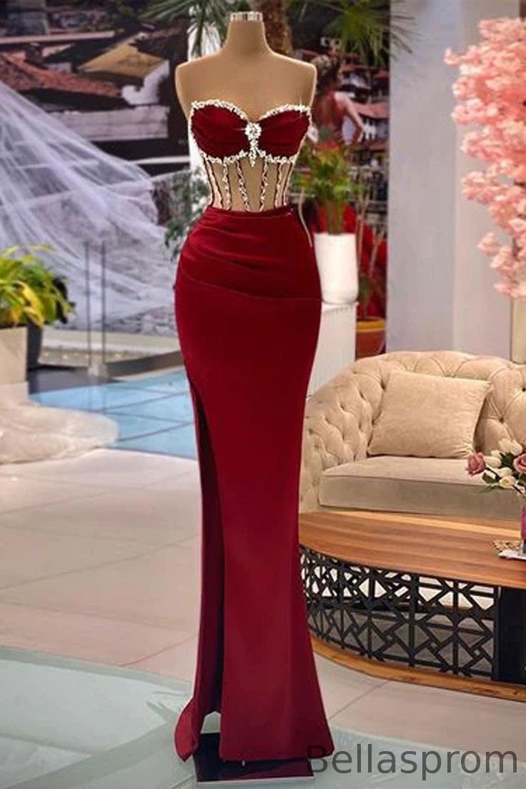 Bellasprom Sweetheart Burgundy Mermaid Prom Dresses Split Long With Beads Bellasprom