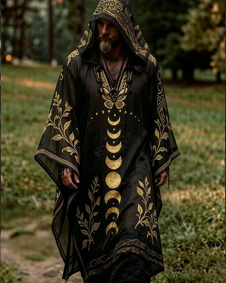 Men's Summer Fashion Hippie Star and Moon Embroidered Linen Hooded Kaftan 5422