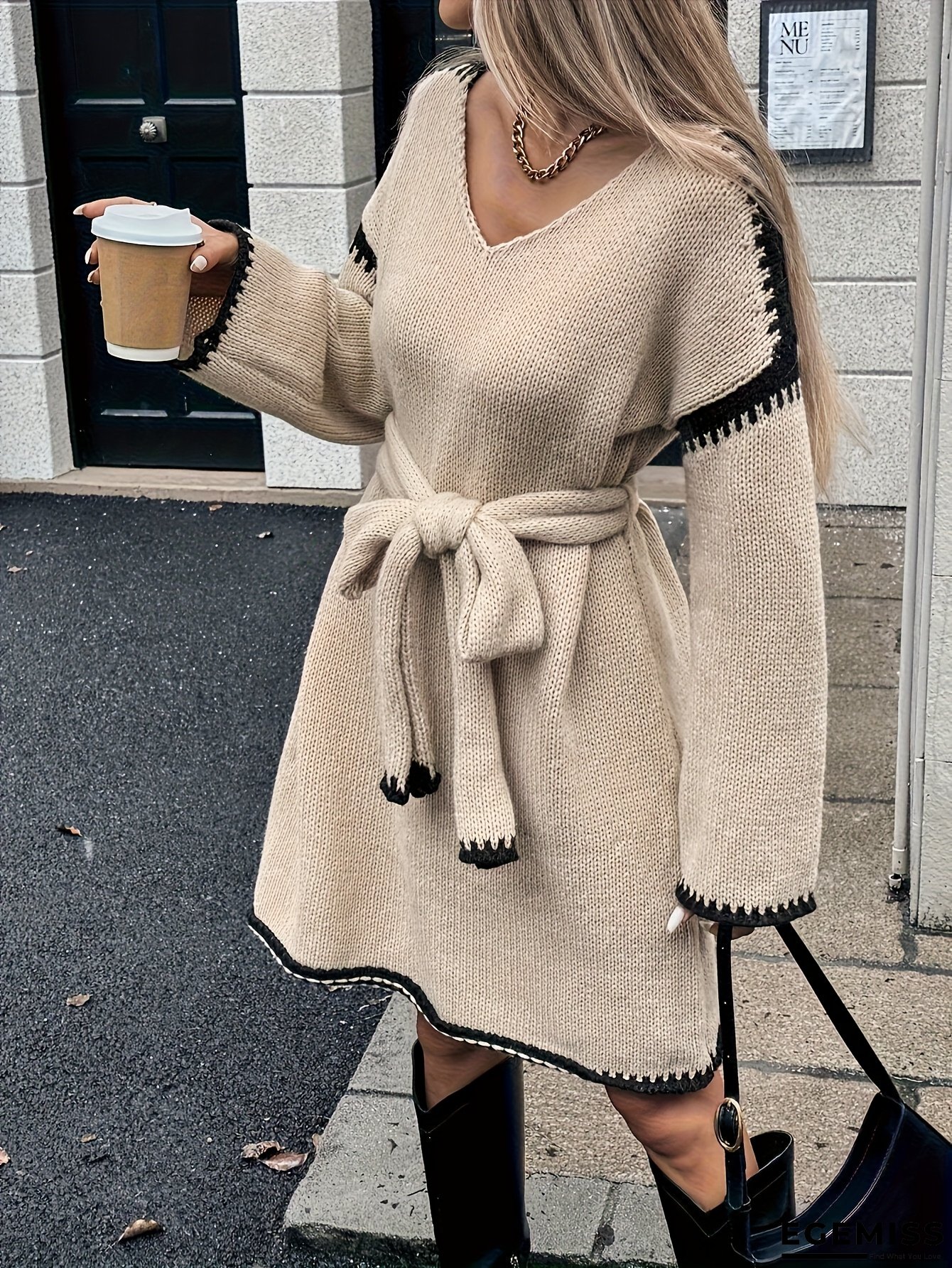 One-Piece Women's Long Sleeve Sweater Dress with Color Block Trim, Elegant Loose Fit, Deep V-Neck, Belted, Autumn/Winter Party Wear HW915 | EGEMISS