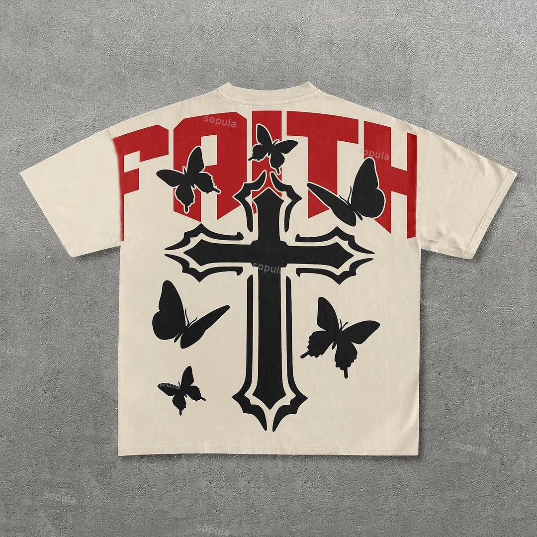 Sopula Faith Cross Butterfly Print Cotton T-Shirt