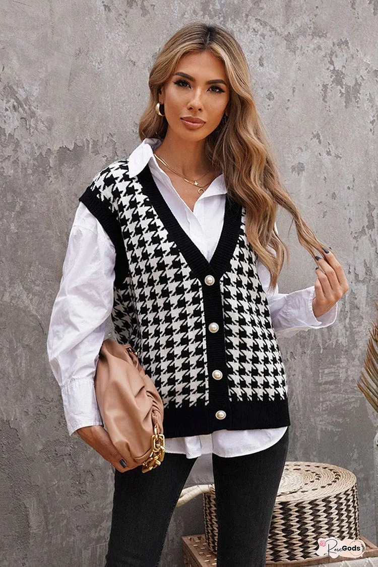 Houndstooth Button Front Sweater Vest