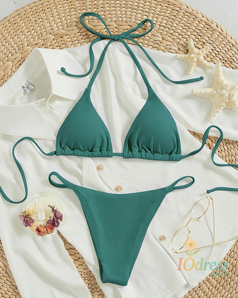IO Dress Bathing Suit Women Sexy Solid Halter Swimsuit Special Stripe Fabric Bikini Set Drawstring Lace Up Two-piece Split Beach Biquini
