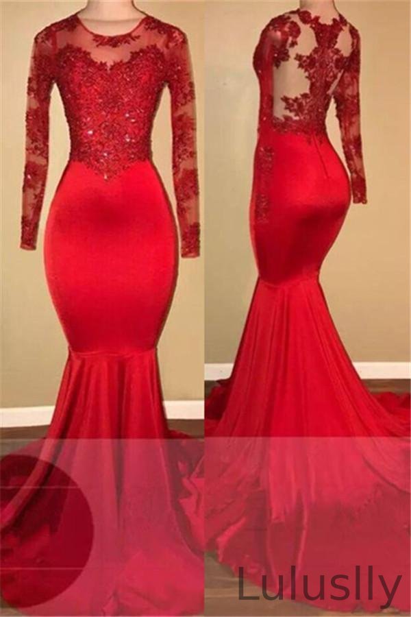 Luluslly Red Long Sleeve Prom Dress Mermaid With Lace Appliques
