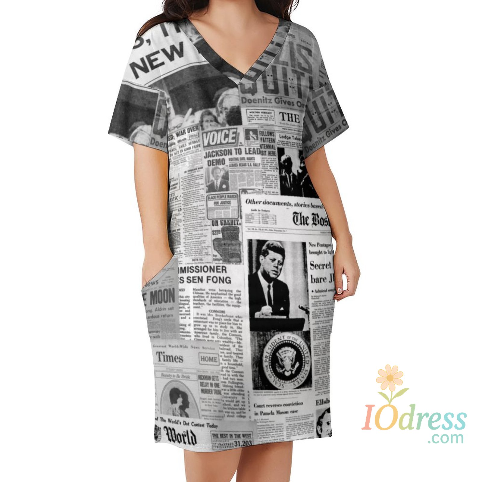 IO Dress Newspaper Casual Dress Summer Old American Newspapers Kawaii Dresses Women Short Sleeve Korean Fashion Dress Plus Size 4XL 5XL IO Dress