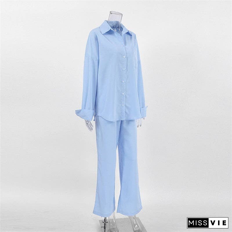 Casual Solid Color Shirt and Pants Ensemble