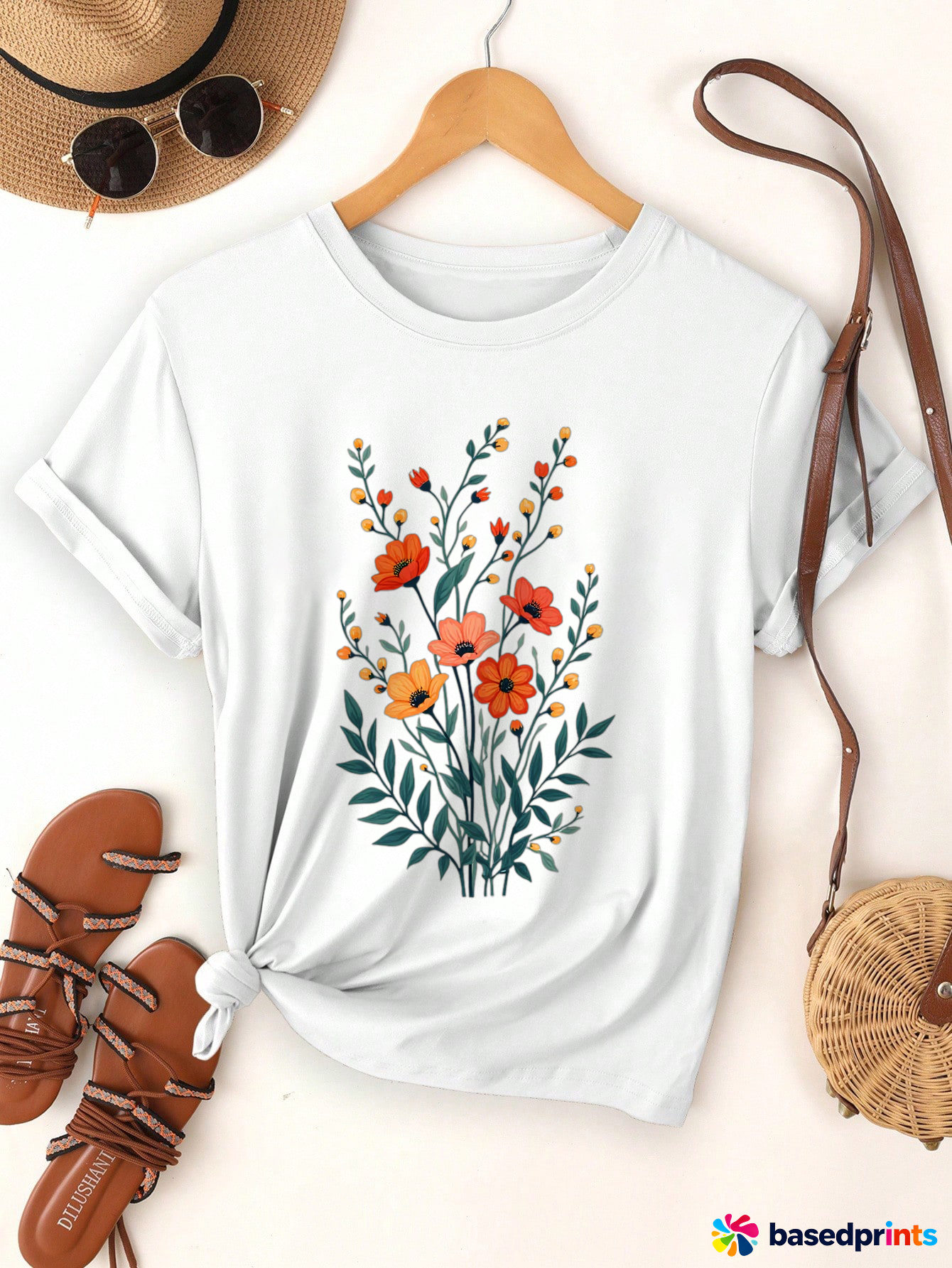 White Floral Print T-Shirt Women Summer Casual Short Sleeve Tops