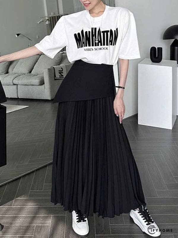 A-Line Loose Contrast Color Pleated Split-Joint Skirts Bottoms | IFYHOME