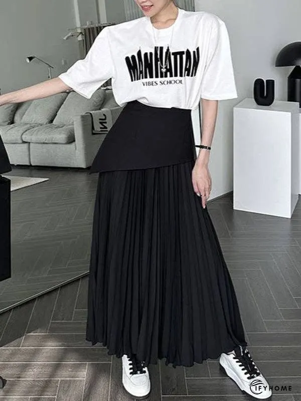 A-Line Loose Contrast Color Pleated Split-Joint Skirts Bottoms | IFYHOME