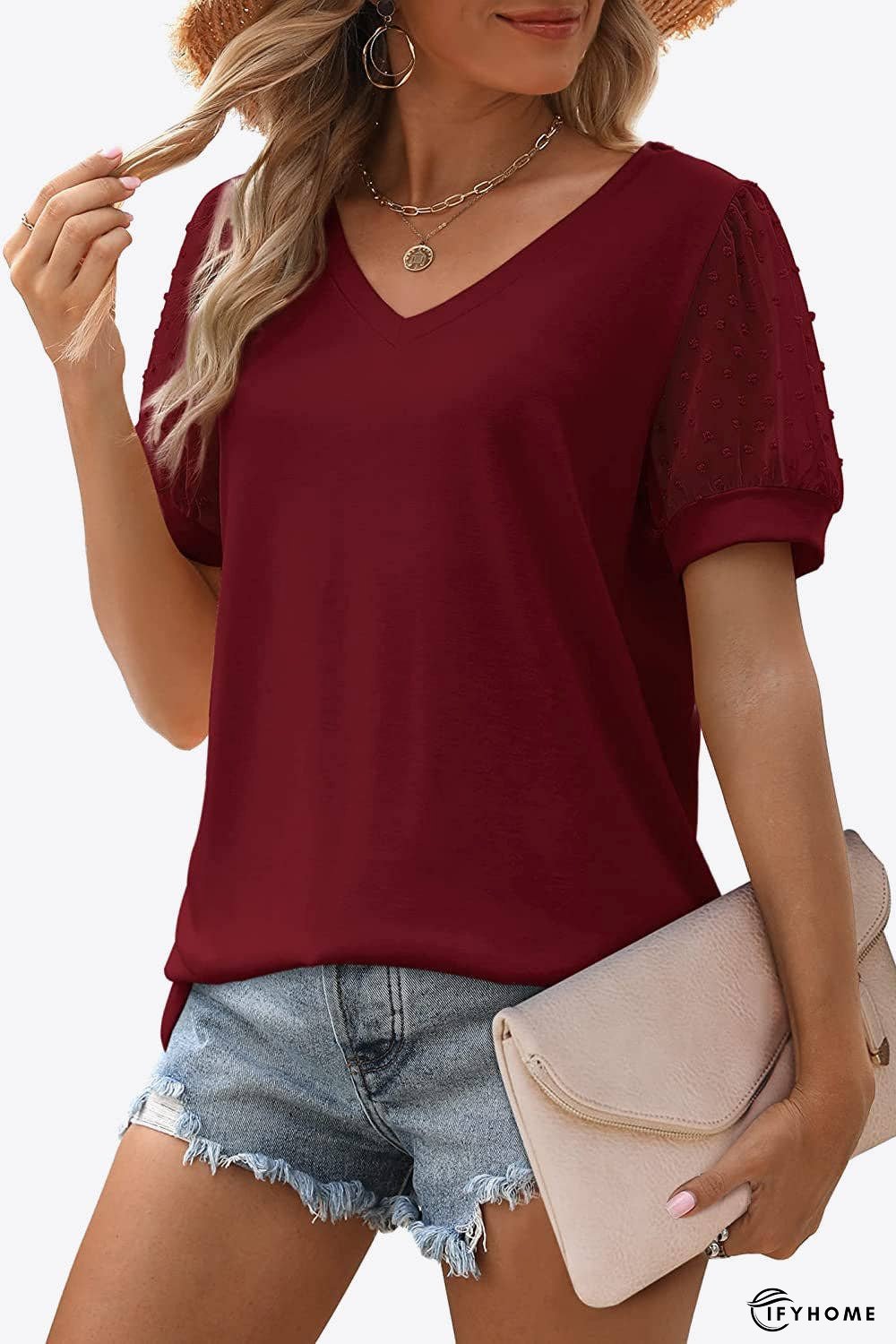 Swiss Dot Puff Sleeve V-Neck Tee | IFYHOME
