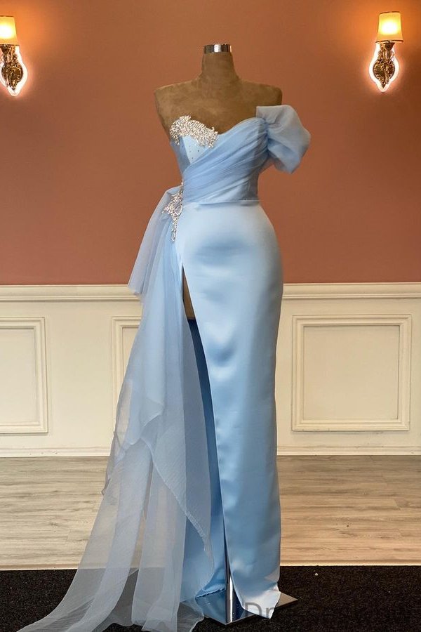 Dresseswow Sky Blue Sweetheart Mermaid Prom Dress Beadings With Split Tulle Ruffles