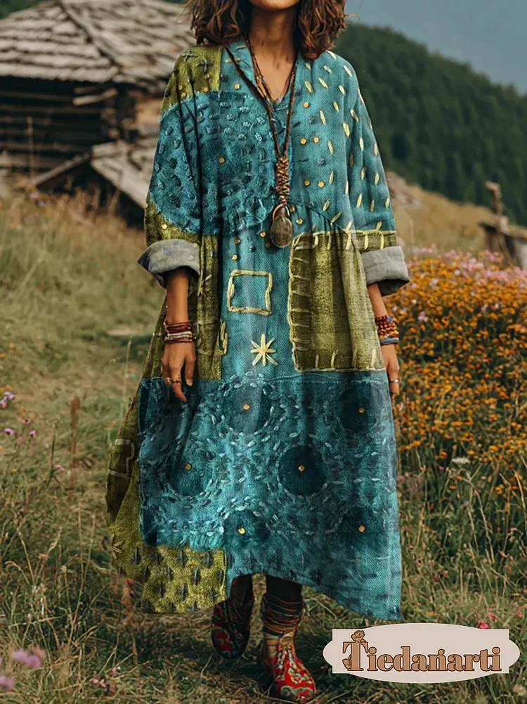 Women's Vintage Patchwork Art Print V-neck Long-sleeve Cotton Pocket Dress