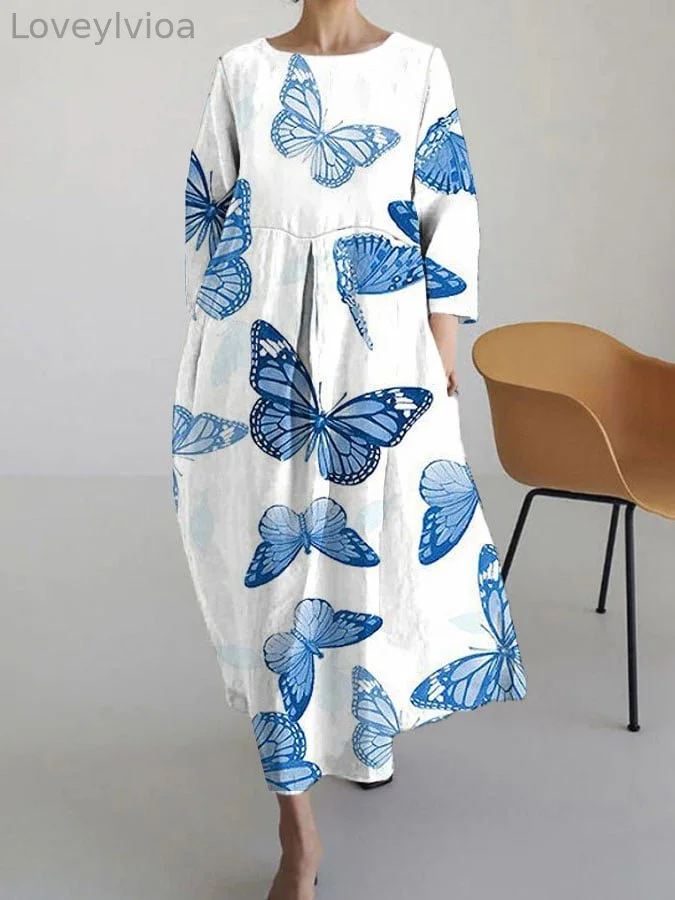 Women's Butterflies Print Casual 3/4 Sleeve Dress