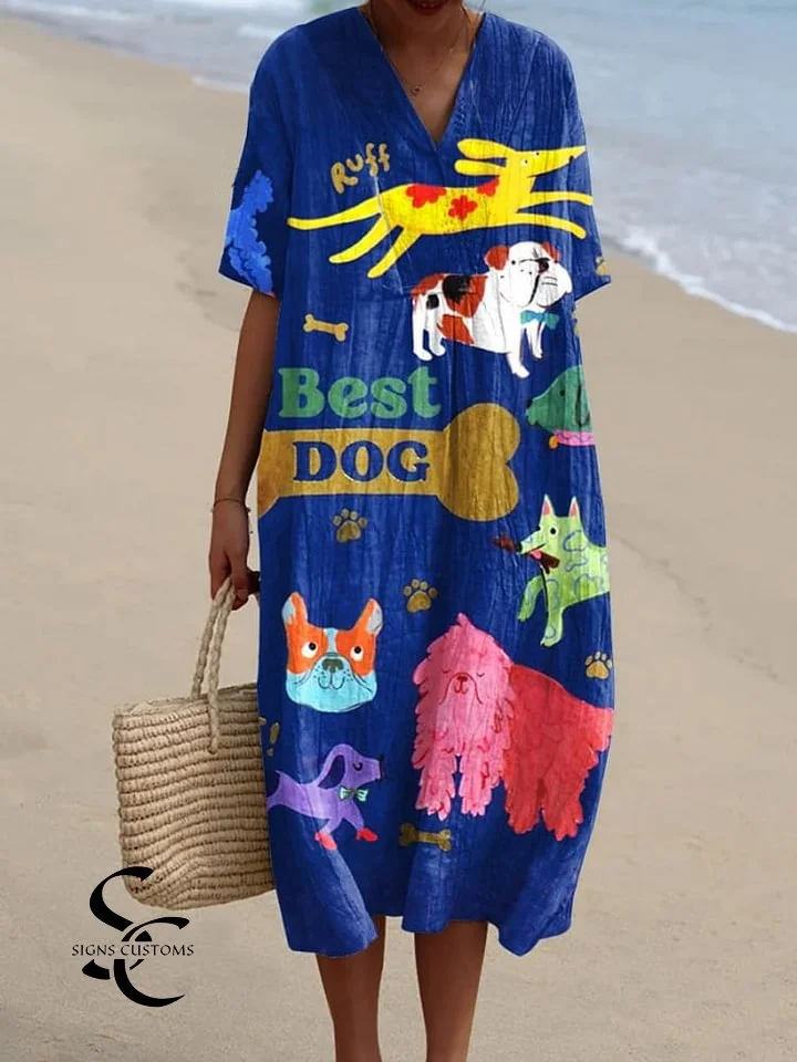 Women's Casual Flowy Dress Featuring Artistic Dog Prints