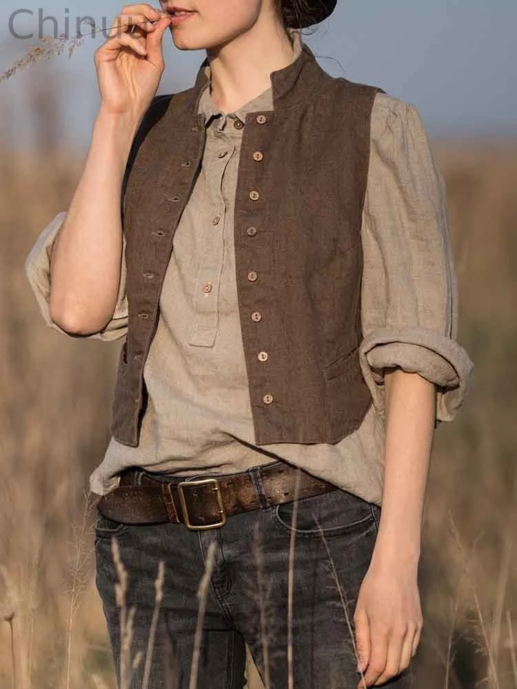 Women's Solid Color Linen Blend Vintage Vest