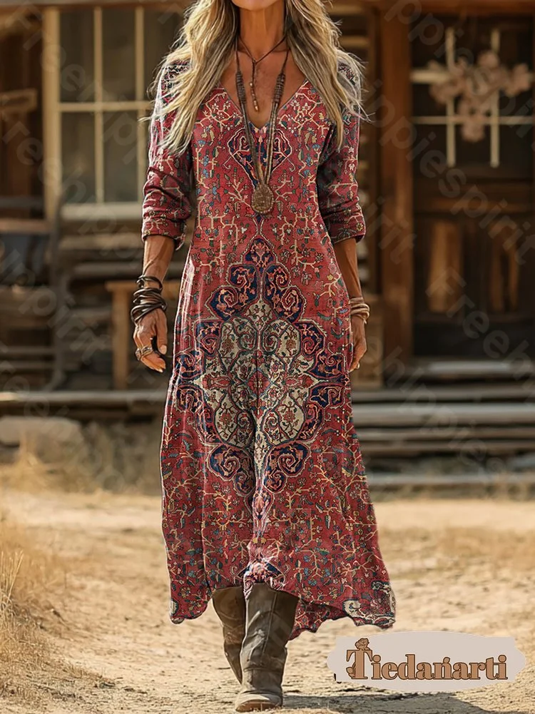 Women's Vintage Ethnic Red Totem Art Print Pocket Cotton Long-Sleeve Dress