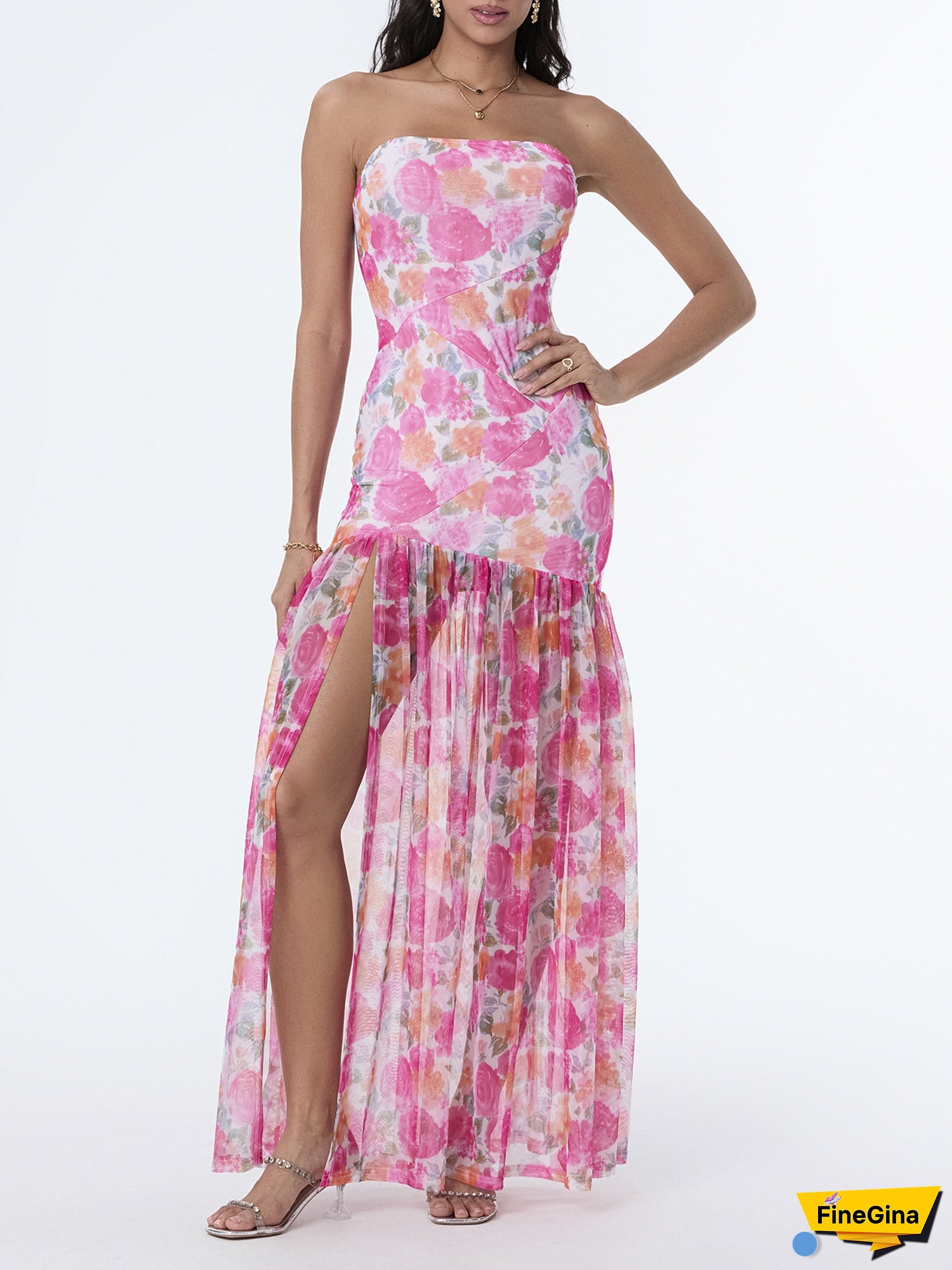 Women's Slim Strapless Backless Mesh Patchwork Tropical Leopard Print High Slit Long Dress For Party Club Night