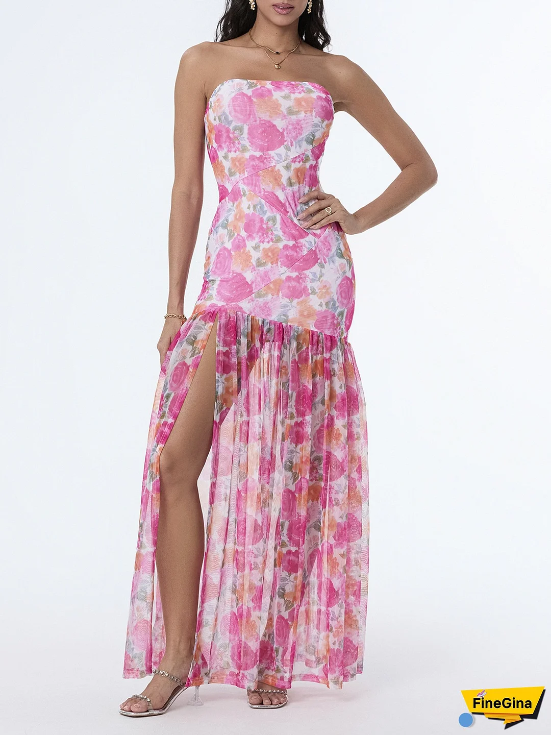 Women's Slim Strapless Backless Mesh Patchwork Tropical Leopard Print High Slit Long Dress For Party Club Night