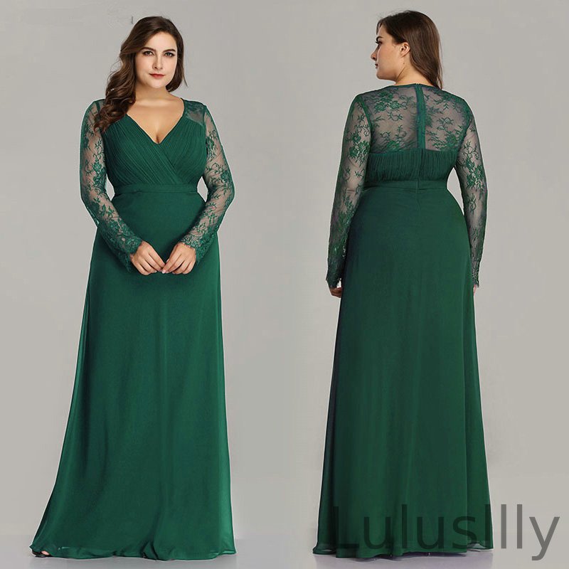 Plus Size Long Sleeve Lace V-Neck Evening Dress Online - lulusllly