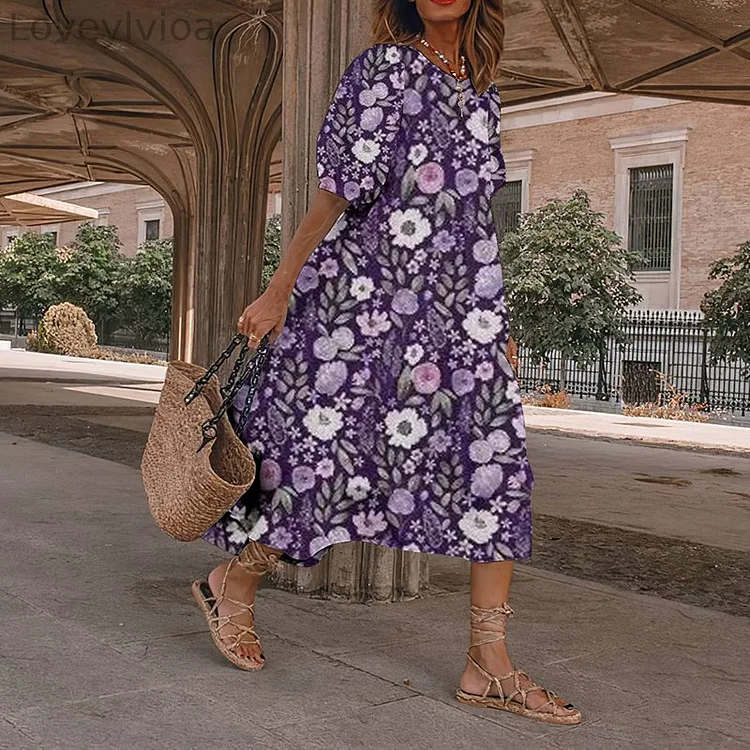 Japanese Art Purple Floral And Spring Midi Dress