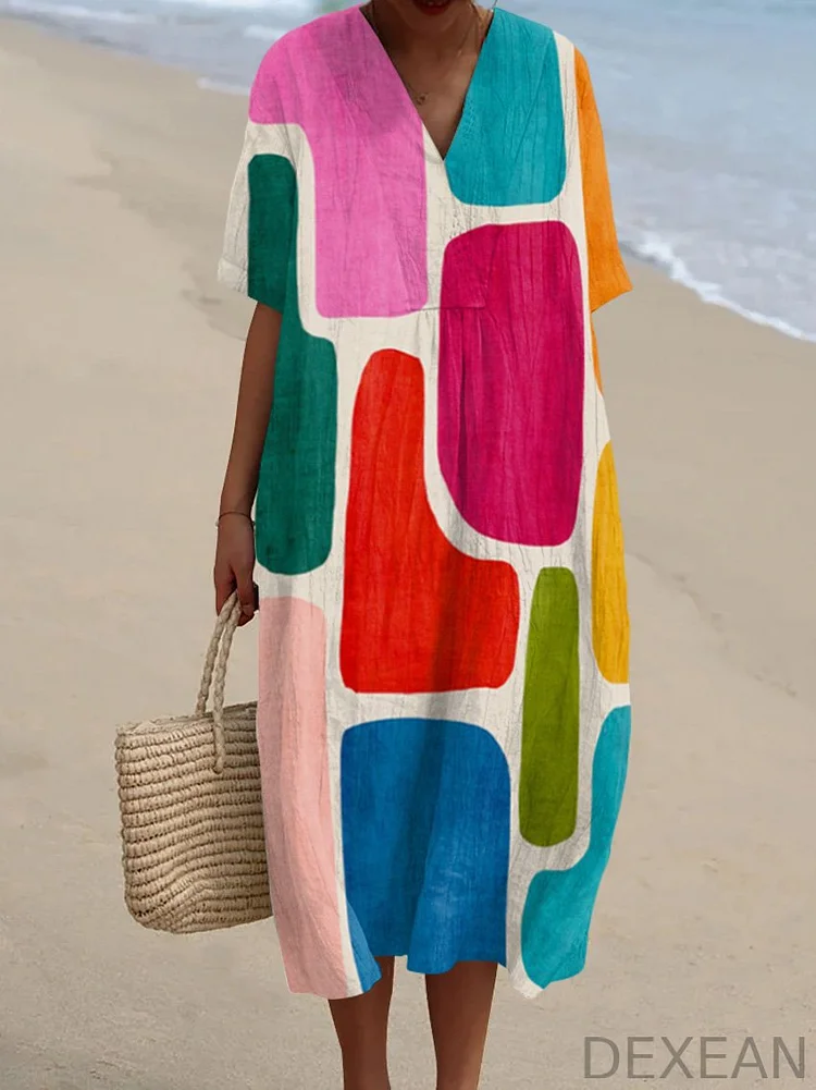 Vintage Colored Abstract Art V Neck Loose Midi Dress