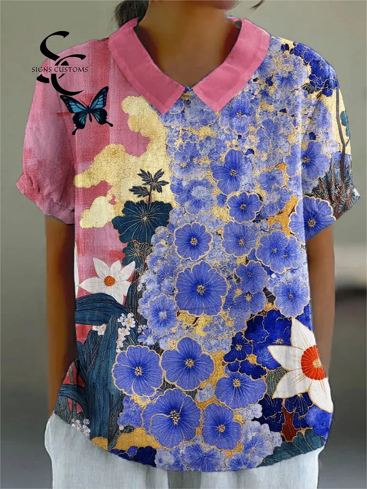 Women's Beautiful Purple Flowers Butterfly Painting Art Print Casual Cotton And Linen Shirt