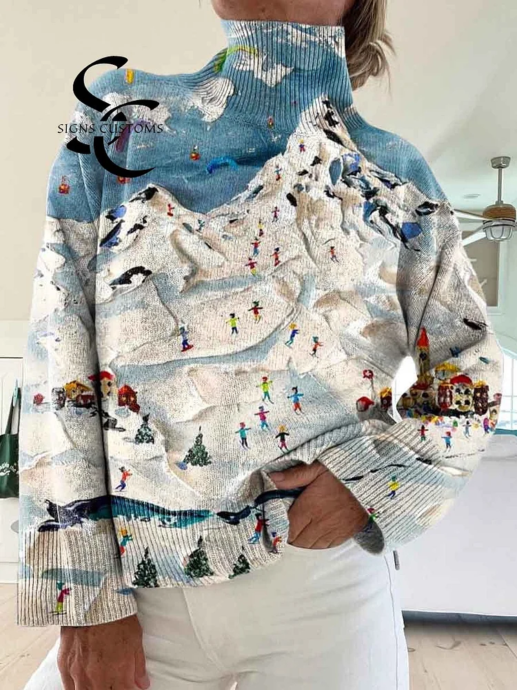 Women's Ski Painting Art Print Knit Turtleneck Pullover Sweater