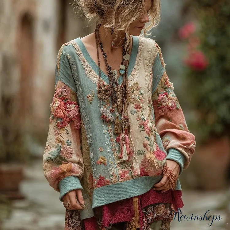 Women's Retro Bohemian Floral Pattern Comfortable Warm V-neck Sweatshirt