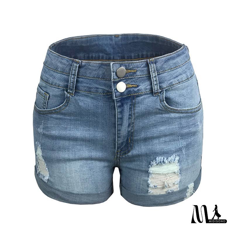 Women's Ripped Hem Elastic High Waist Denim Shorts