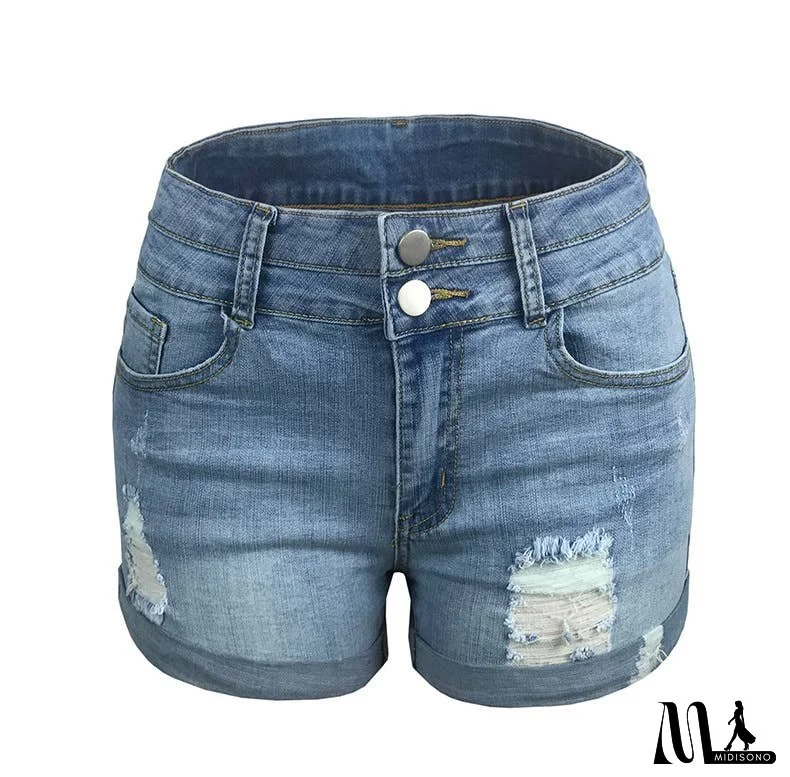 Women's Ripped Hem Elastic High Waist Denim Shorts