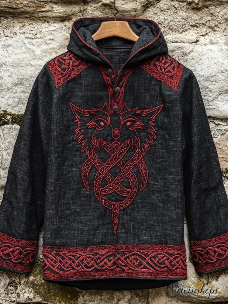 Men's Viking Wolf Embroidered Vintage Linen Hooded Shirt
