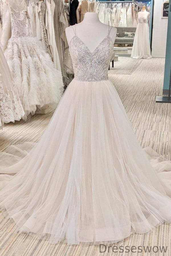 Dresseswow Backless Pearl Long Wedding Dresses With V-Neck