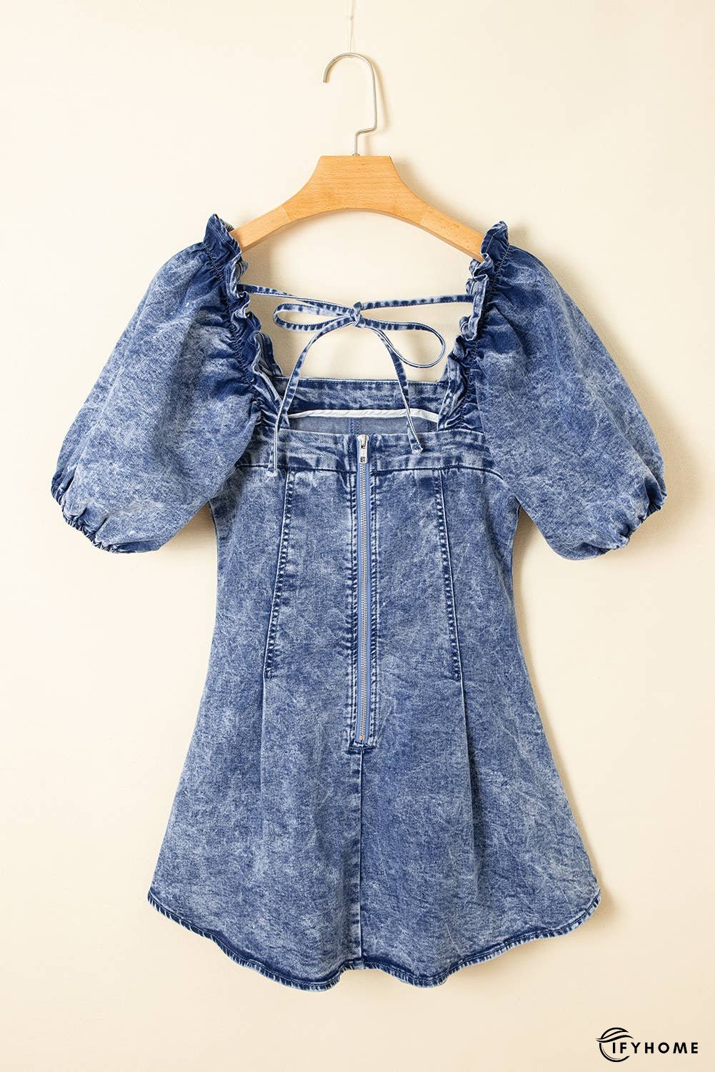 Frilly Square Neck Bustier Puff Sleeve Denim Dress | IFYHOME