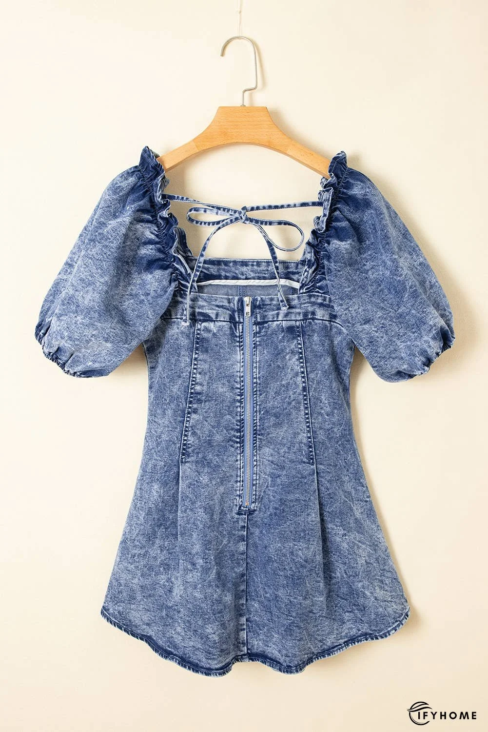 Frilly Square Neck Bustier Puff Sleeve Denim Dress | IFYHOME