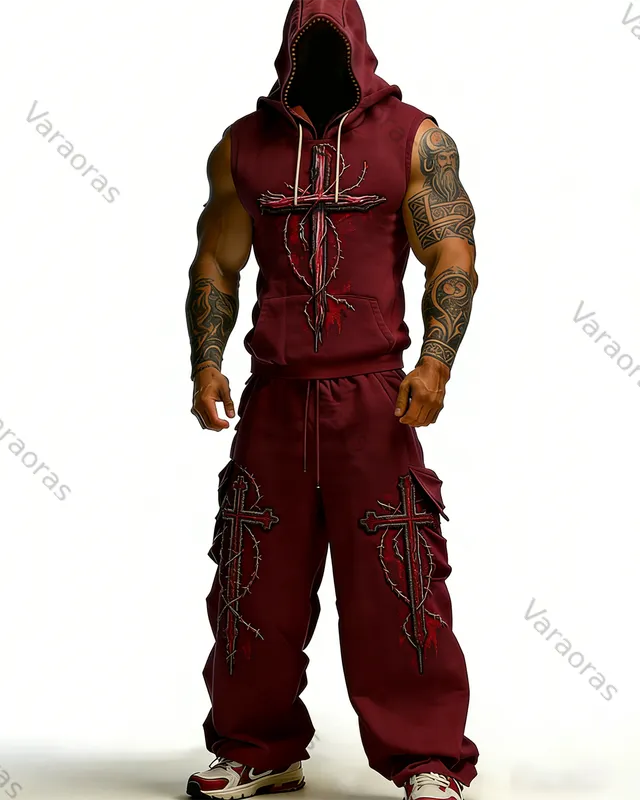 Men's Nordic Viking style cross-decorated top and trousers two-piece set 1155