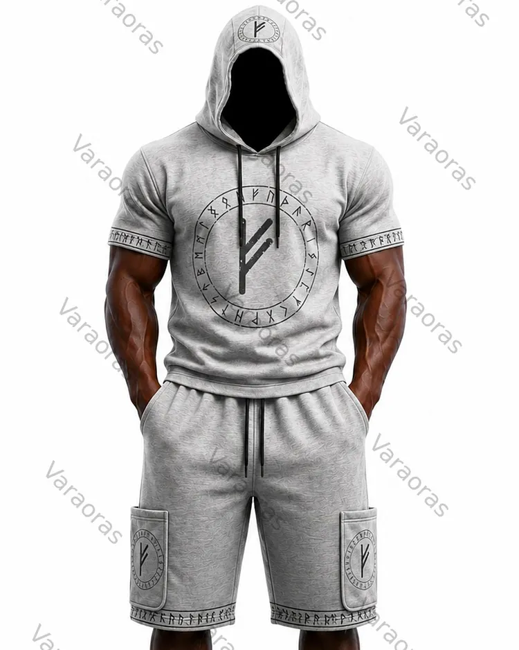 Men's Fashion Viking Rune Print Top & Shorts Two-Piece Set 8632