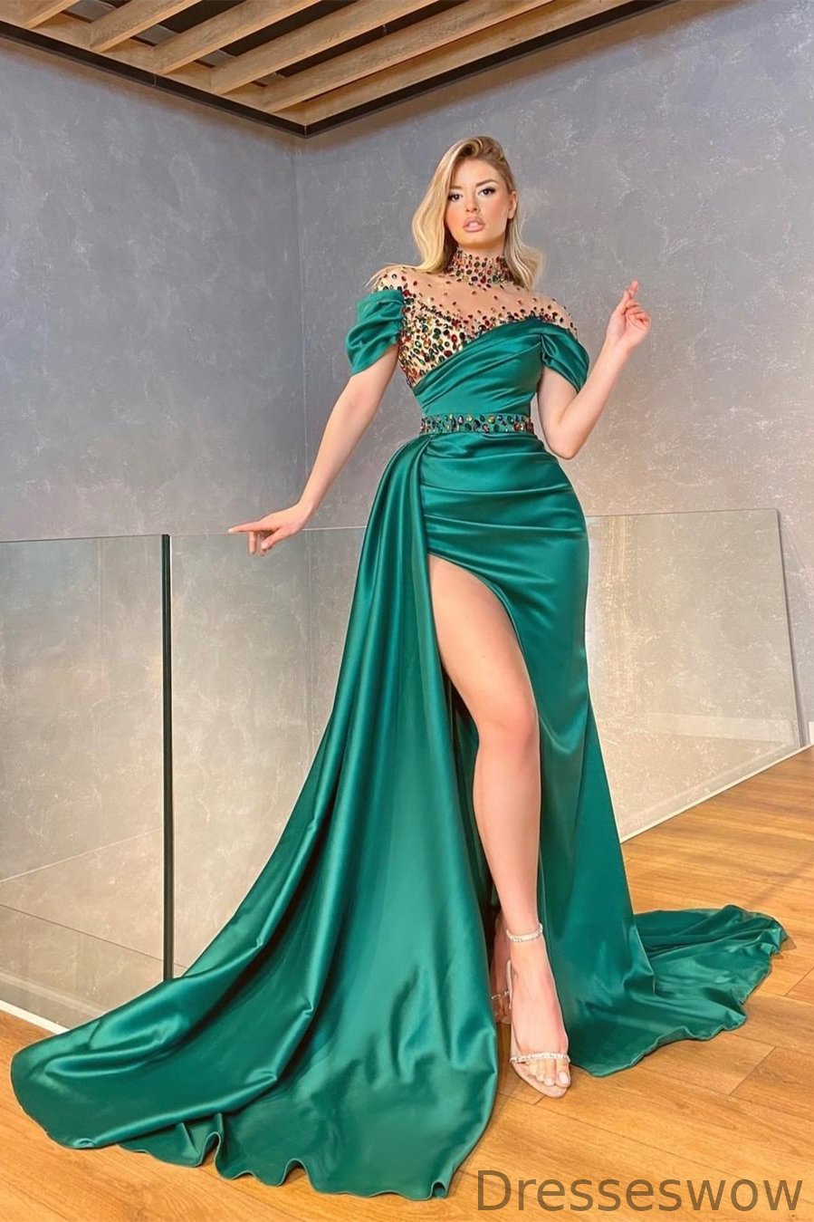 Dresseswow Emerald Green High Neck Mermaid Ball Dress With Split Ruffles Crystals
