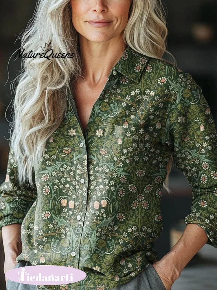 Women's Vintage Lovely Floral Art Print Casual Long Sleeve Comfortable Cotton Shirt