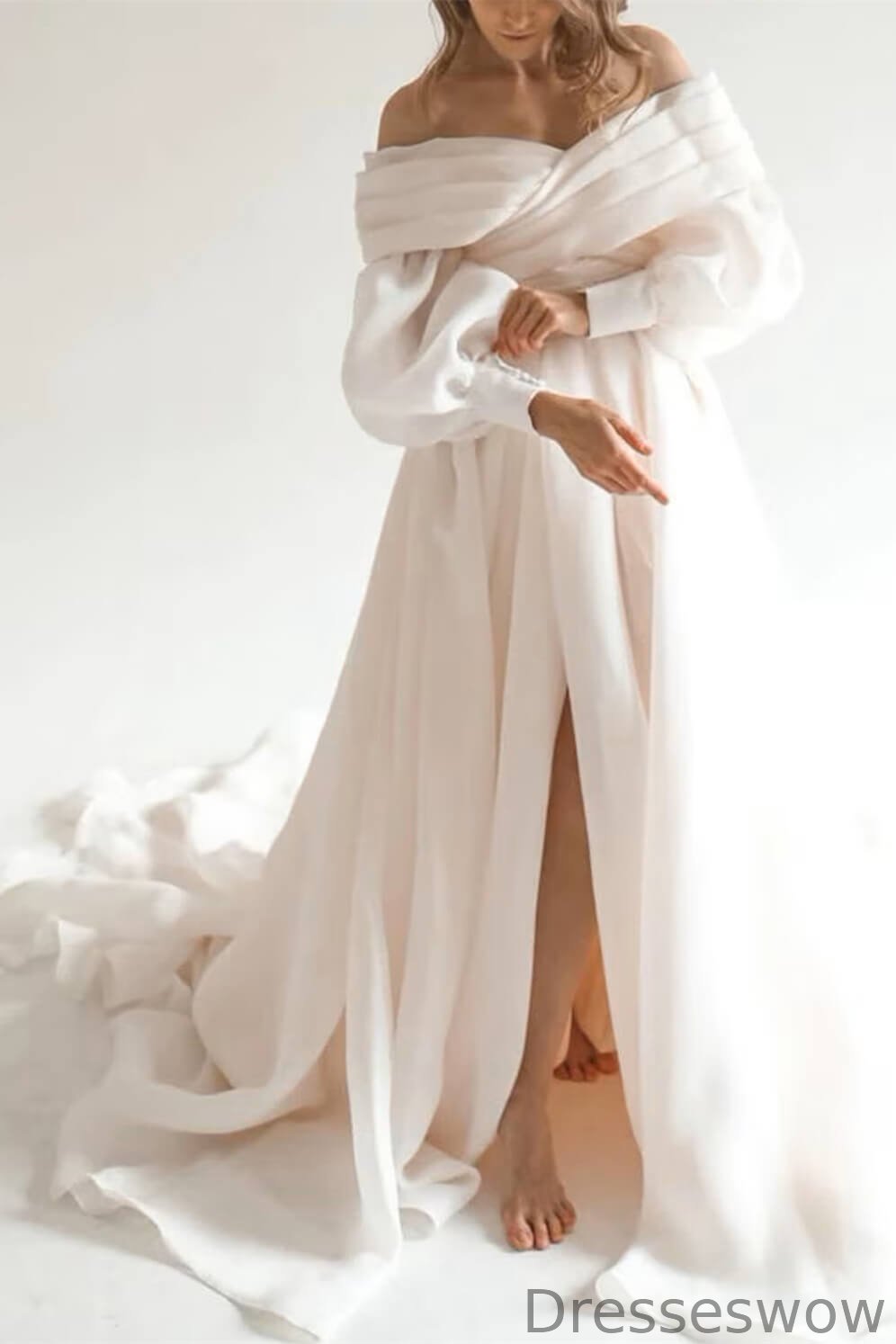 Dresseswow Off-the-Shoulder Long Sleeves Organza Wedding Gown With Split