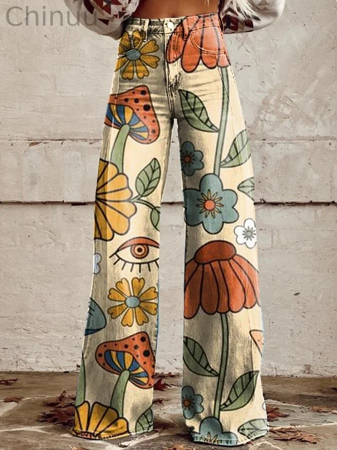 Women's Vintage Botanical Floral Wide Leg Pants