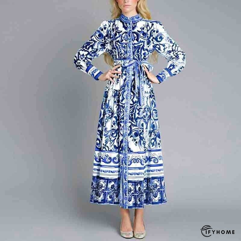 Lantern Sleeve Printed Cinched Waist Long Sleeve Dress | IFYHOME