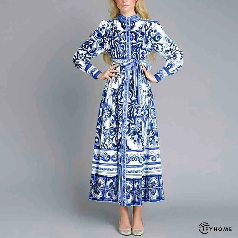 Lantern Sleeve Printed Cinched Waist Long Sleeve Dress | IFYHOME