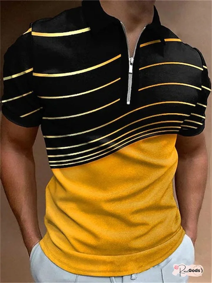 Line Pattern Zipper Short Sleeve Polo Shirt Color Block Print Yellow Blue Pink Green
