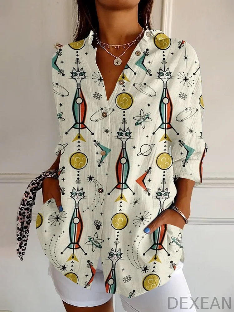 Women's Medieval Cat Abstract Print Casual Long Sleeve Shirt