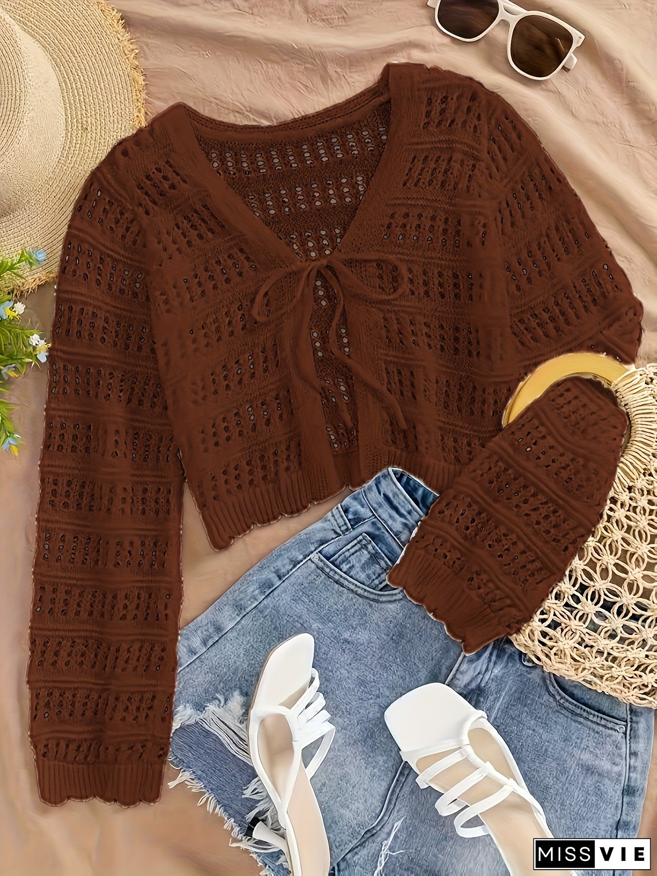 Women's Summer Semi-Sheer Lace Cardigan - V-Neck Crochet Cover-Up with Adjustable Tie Hem, Long Sleeve Beach Vacation Top, Breathable Open Front Design for Casual Outings, Beach Lace Cover Up, Summer Layering Piece, Crochet Texture Style