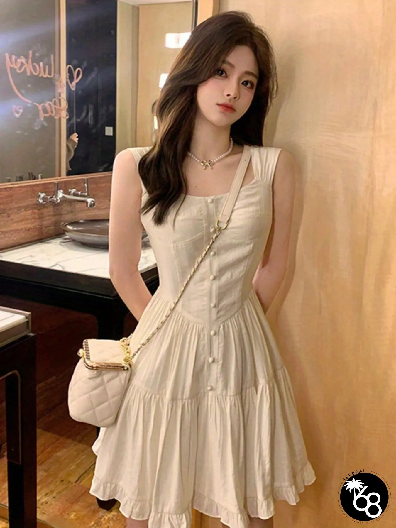 Womens Sleeveless A-Line Cami Dress With Ruffled Hem Boat Neck Solid White Mini Short | 168DEAL