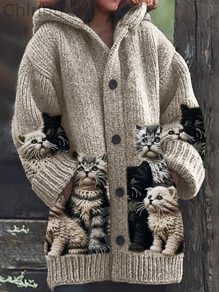 Fuzzy Cats Crochet Art Cozy Knit Hooded Cardigan