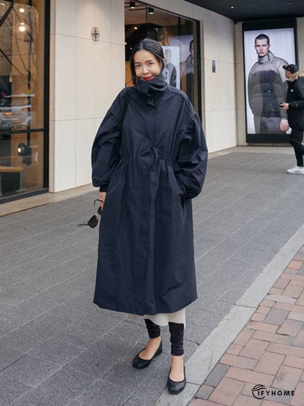 Solid Color Loose Elastic Waist Long Outwear | IFYHOME