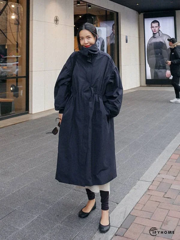 Solid Color Loose Elastic Waist Long Outwear | IFYHOME