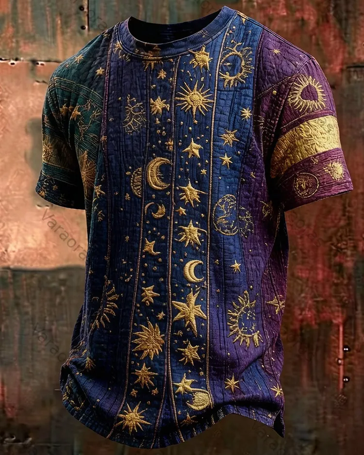 Men's Summer Outdoor Fashion Star Embroidery Color Block Patchwork T-Shirt  9497