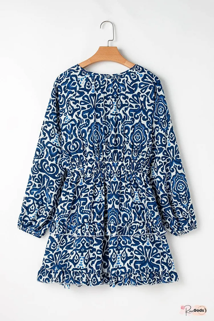 Vintage Print Lace up V Neck Long Sleeve Mini Dress